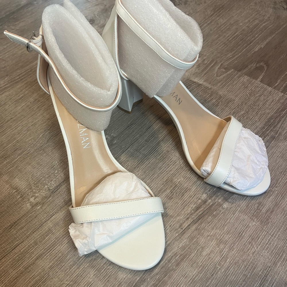 Stuart Weitzman Ivory Open-Toe Ankle Strap Block Heels